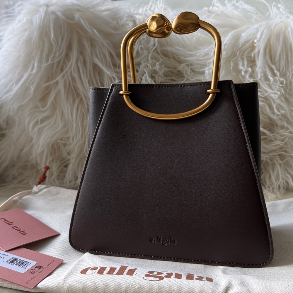 NEW, Cult Gaia Maxine Mini Top Handle Bag Luwak Brown Gold Handle, Ret. $498 - Picture 3 of 9